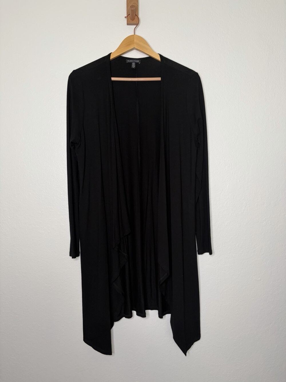 Eileen Fisher Open Front Duster Cardigan Size Small Black Minimalist Quiet Lux